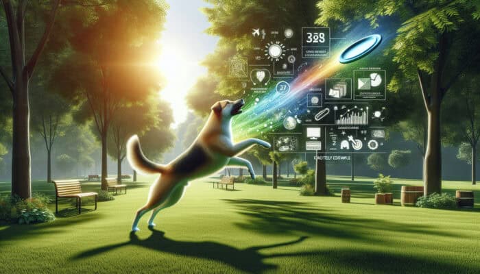 A dog leaping to catch a frisbee in a sunny park, showcasing agility and muscle strength.