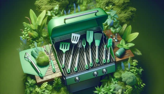 Durable stainless steel grilling tools on an eco-friendly grill amidst lush plants, symbolising sustainability.