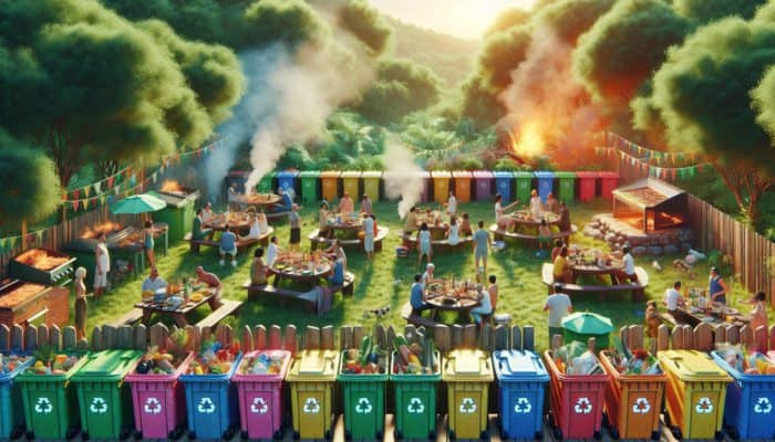 A vibrant BBQ scene with people sorting waste into colourful bins, composting, and recycling amidst lush greenery.