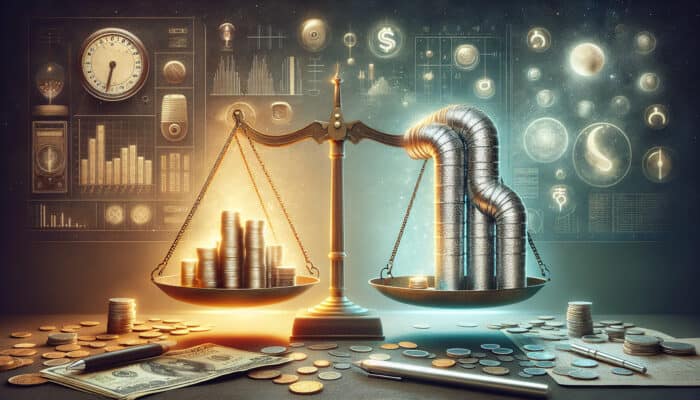 A scale balancing coins and a clean duct system, with service quotes and logos in Surrey, BC.