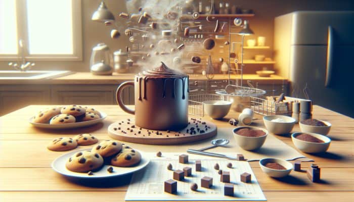 A cozy kitchen counter with a steaming chocolate mug cake and no-bake cookies, surrounded by ingredients.