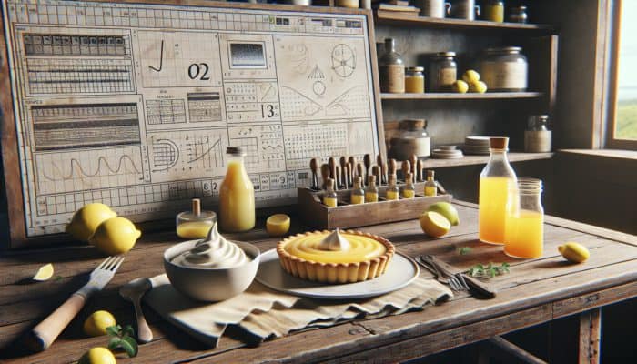A rustic table with a lemon curd tart and rice pudding, showcasing simple yet flavorful desserts.