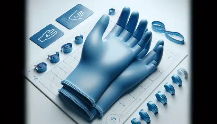 Blue vinyl powdered gloves in various sizes on a white surface with measuring tape and hand size chart.