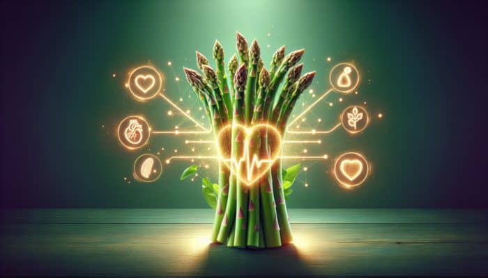 A vibrant bunch of fresh asparagus spears, symbolising heart and digestive health, on a green background.