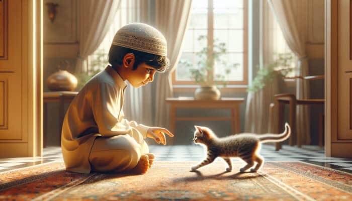 A child and kitten in a family room, observing each other safely under parental supervision.