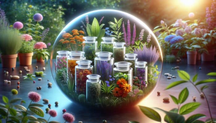A serene garden with vibrant, pure herbs in glass jars, symbolising herbal purity and safety in medicine.