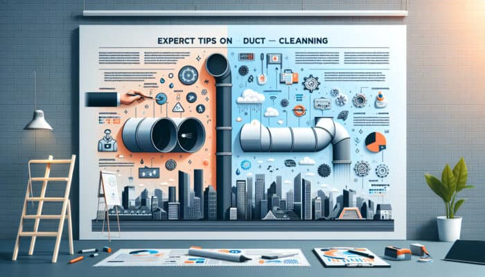 Infographic with expert duct cleaning tips and Vancouver skyline, showing clean and dirty duct comparisons.
