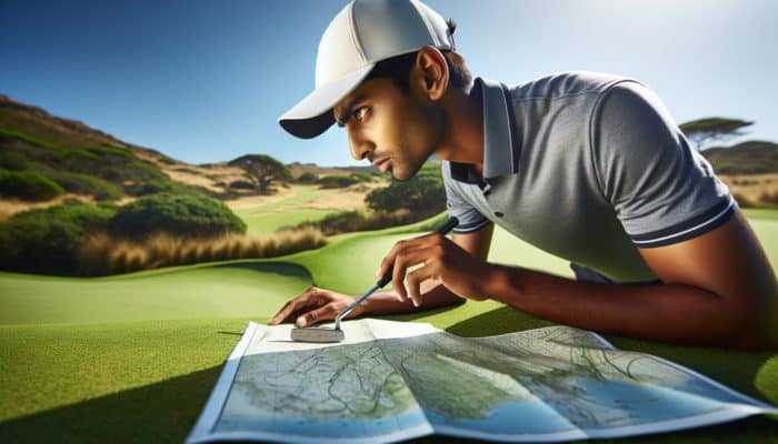 Golfer in South Africa studying green's slope with specialized putter and course map under vibrant sun.
