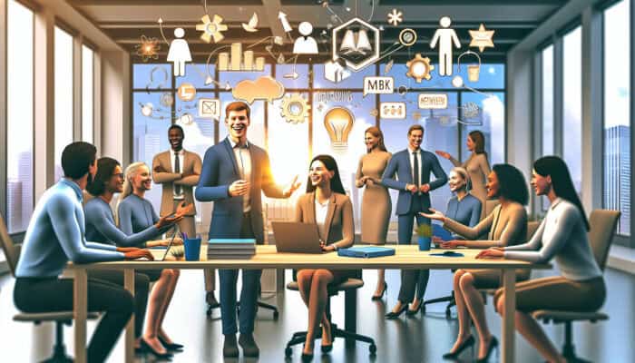 A new employee engaged in an orientation session with colleagues, surrounded by company culture symbols and training materials in a vibrant office.