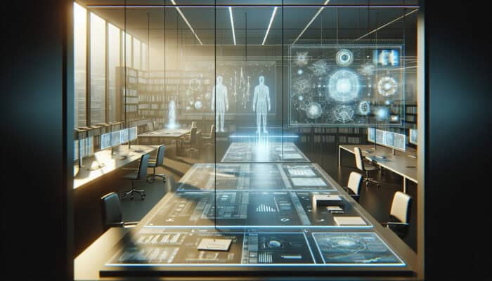 A futuristic office with virtual assistants onboarding via holograms, guided by expert avatars.