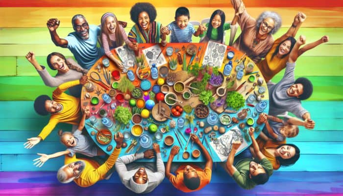 A vibrant family enjoying a fun detox day with herbs, water, and activities at a colourful table.