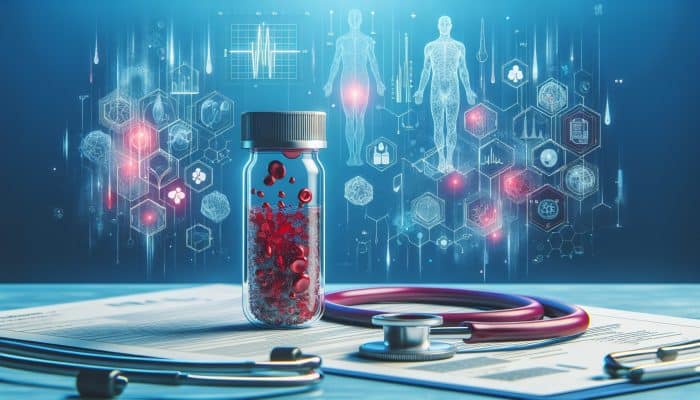 Ferritin Blood Test in Plymouth: Illustration of ferritin blood test with vial, proteins, iron, and clinical tools.