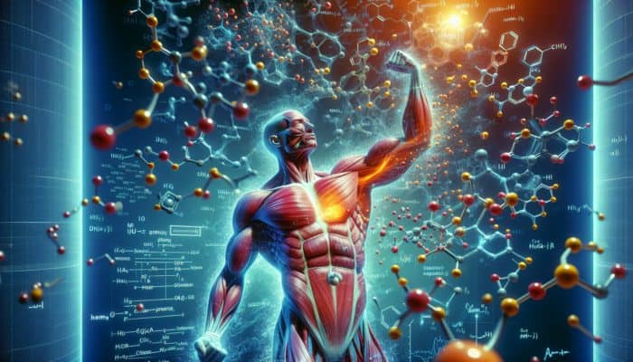 Illustration of essential amino acids entering muscle fibers, activating mTOR pathway, and promoting muscle protein synthesis.