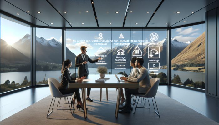 A financial advisor in a modern Queenstown office discussing mortgage options with a couple, with scenic views.
