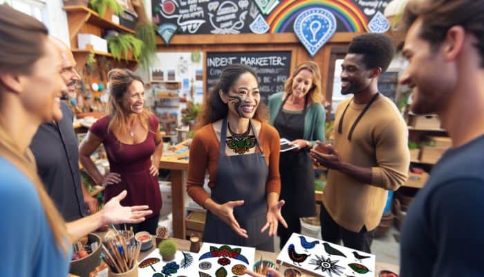 A Marlborough small business owner receiving copywriting tips from experts in a vibrant workshop setting.