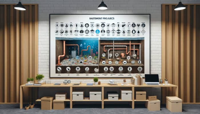 Display of basement drainage company's case studies with before-and-after photos and client testimonials.