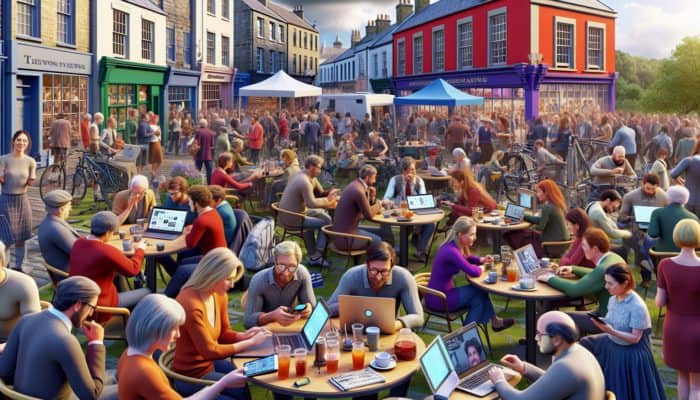 Small business owners in Totnes collaborating at a community event, using technology to create and share content.