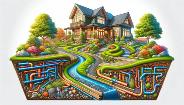 A yard drainage system in Gastown, Vancouver, with trenches, drains, and pipes managing rainwater to prevent flooding.