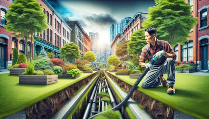 A landscaper installing a modern yard drainage system in Gastown, Vancouver, with historic buildings and lush greenery.