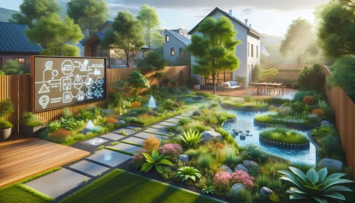 Eco-friendly yard with bioswales, rain gardens, and smart technology for efficient, sustainable drainage.