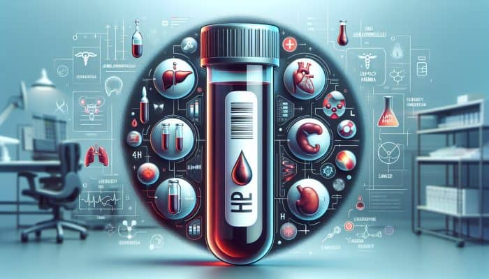 Ferritin Blood Test in Preston: A medical illustration of a ferritin blood test vial with icons of related health conditions in a clinical setting.