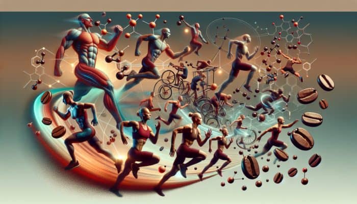 Athletes intensely working out with floating coffee beans, caffeine molecules, and expert graphs on optimal caffeine use.