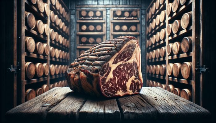Close-up of dry-aged steak with dark crust and marbling, on rustic wooden racks in dim meat locker.