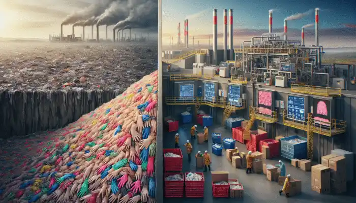 A landfill full of vinyl gloves next to a recycling facility turning them into new products, showing sustainable efforts.