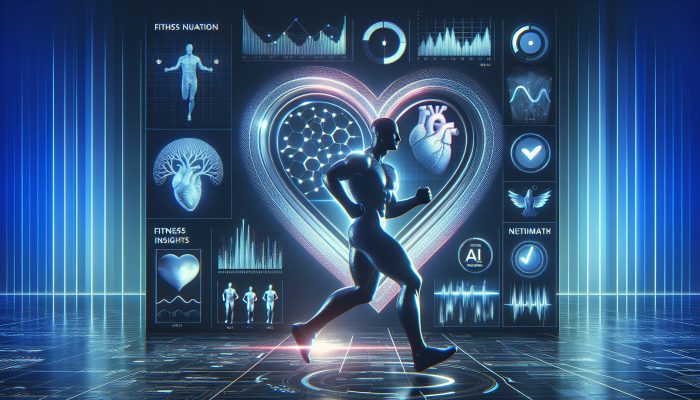 A futuristic dashboard showing personalized men's health metrics including fitness, nutrition, and mental well-being, with AI insights.