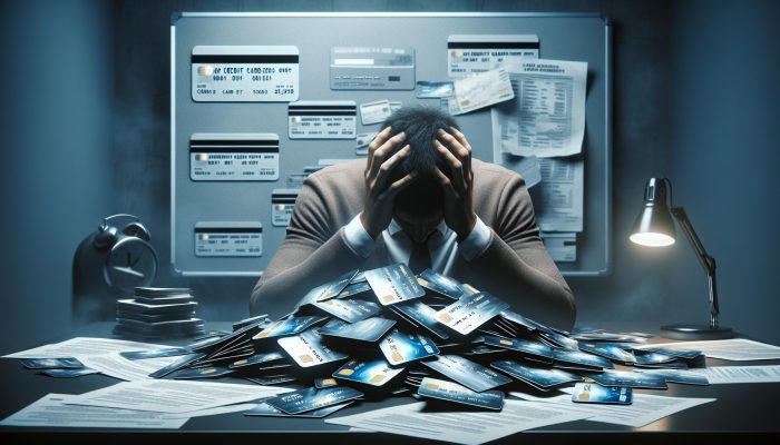 How Debt Consolidation Fails Without Discipline: UK Insights | DCL A person surrounded by credit cards and loan documents, struggling with escalating debt due to undisciplined consolidation.