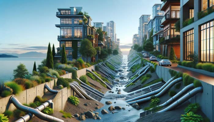 Urban scene in Kitsilano with sloped streets, modern drainage systems, heavy rainfall, ocean, and lush greenery on clay-rich soil.