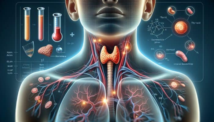 Thyroid Blood Test in Reading: Illustration of a thyroid gland in the neck, with blood vessels and hormone levels, in a clinical setting.