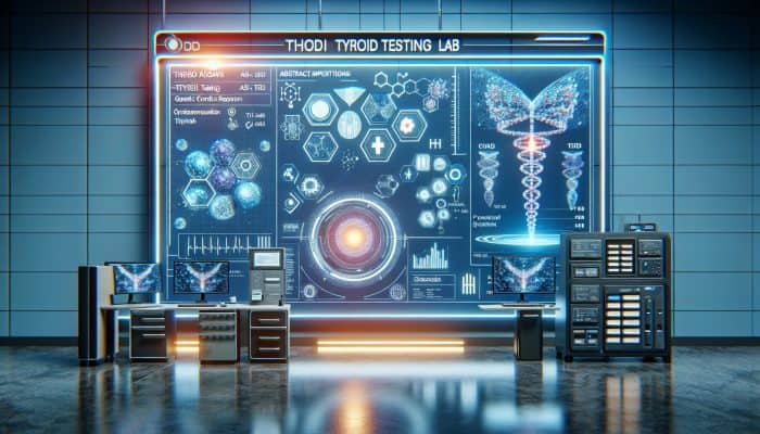 Advanced thyroid testing equipment in a futuristic lab, showing TSH assays and genetic results on screens for personalized treatment.