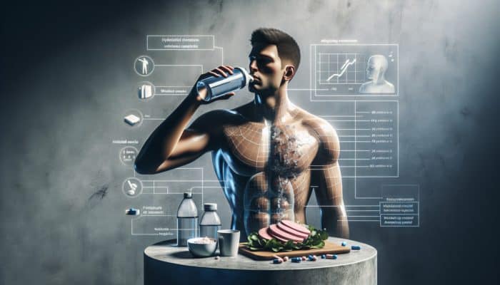 Person drinking water, taking pre-workout supplement 30 minutes before exercise, with balanced meal in background.