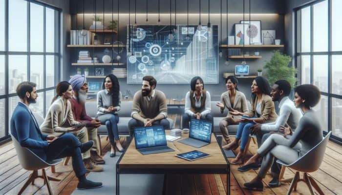 A modern office in Melksham with small business owners discussing internet marketing, surrounded by digital devices and charts.