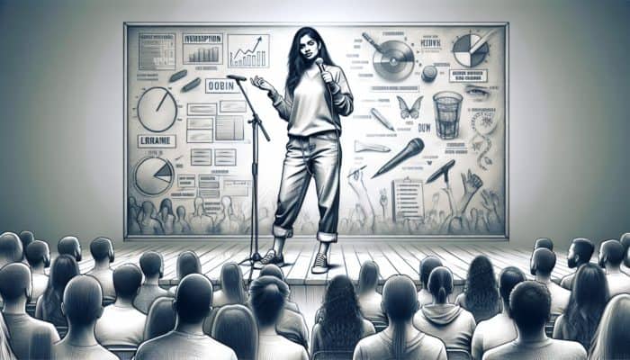 A comedian on stage, blending authenticity with polished humor, engaging the audience with unique, stylish cuts.