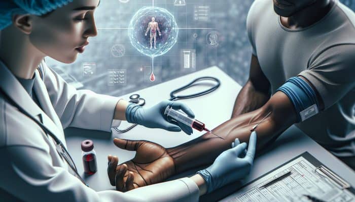 A healthcare professional drawing blood from a patient's arm for ferritin analysis in a clinical setting.