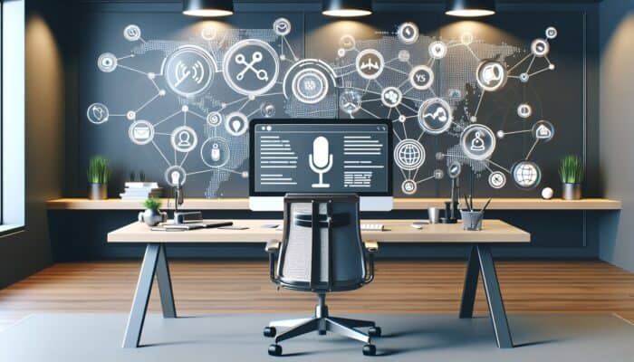 A computer screen showing local SEO strategies including voice search, citations on Yelp and TripAdvisor, and schema markup in a modern office.