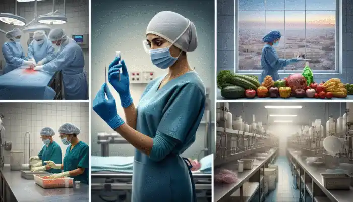 A healthcare worker in surgery with latex gauntlet gloves, surrounded by scenes of food processing, cleaning, and chemical handling.