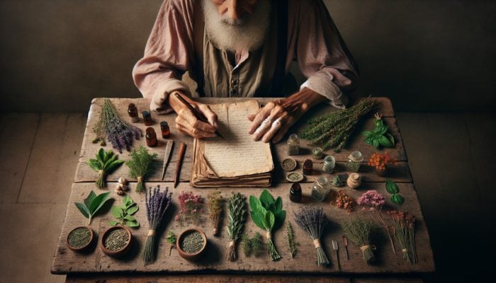 Herbal Safety for Long-Term Use: An elderly person documenting the effects of various herbs in a journal over time.