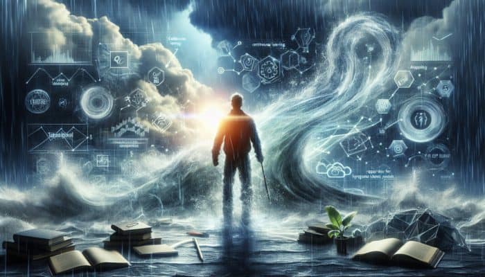 A person standing resiliently in a storm, with books and tools, symbolising proactive learning and survival preparation.