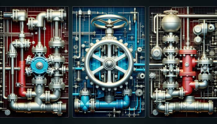 Diagram of gate, ball, and butterfly water valves, labelled, with residential and industrial plumbing systems.