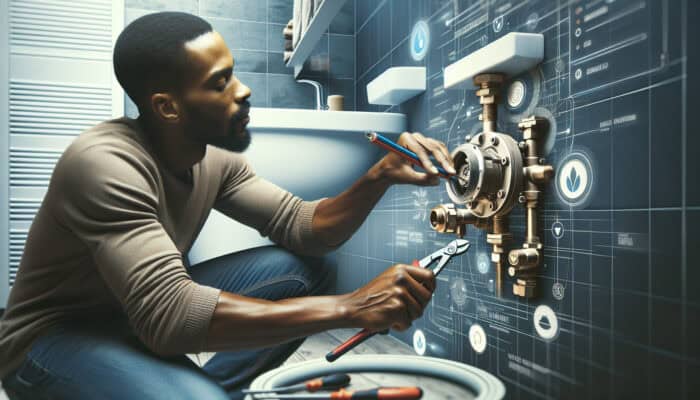 A professional plumber installing a new water valve in a modern bathroom, ensuring safety and efficiency.