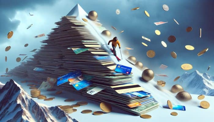 Using the Avalanche Method with Consolidation Loans: UK Guide | DCL Person skiing down a mountain of credit cards with an avalanche of coins and bills, symbolising the avalanche method in the UK.