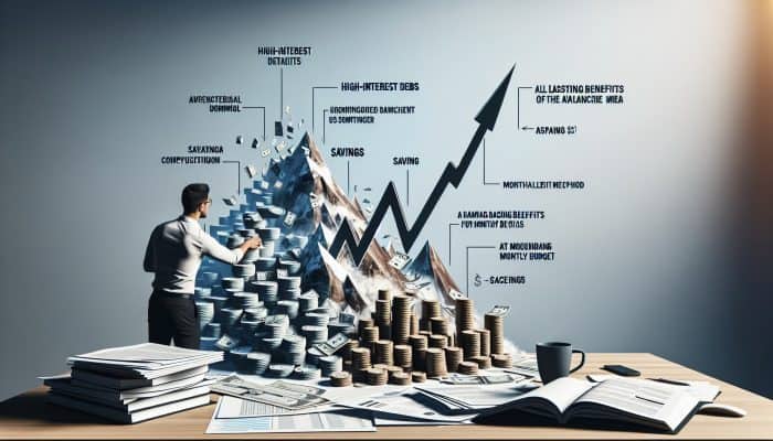 Using the Avalanche Method with Consolidation Loans: UK Guide | DCL Person at desk reviewing financial documents, graphs show decreasing high-interest debts and increasing savings.