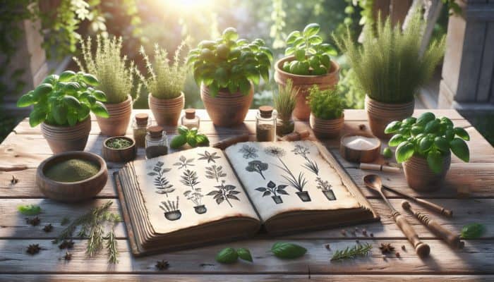 A rustic table featuring an open herb journal, potted herbs, and soft natural light.