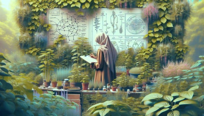 A lush herb garden where a gardener is noting observations in a journal, surrounded by herbs at various growth stages.