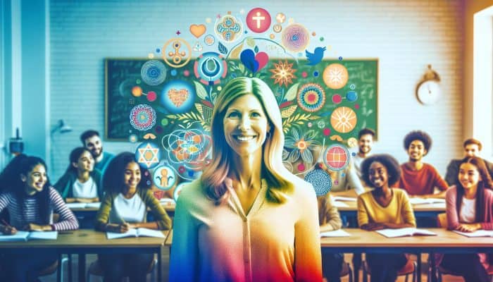 35-year-old teacher from Taunton, smiling in classroom, revitalized post-thyroid treatment, with normal TSH levels.