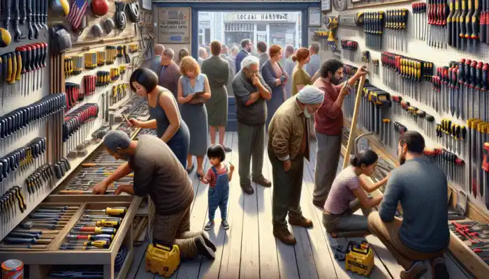 Rigger Gloves in Exeter: Diverse customers browsing rigger gloves at Exeter Tool & Hardware in Exeter.