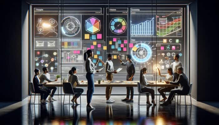 A diverse team in a modern office setting collaboratively managing deadlines with task boards and digital calendars.